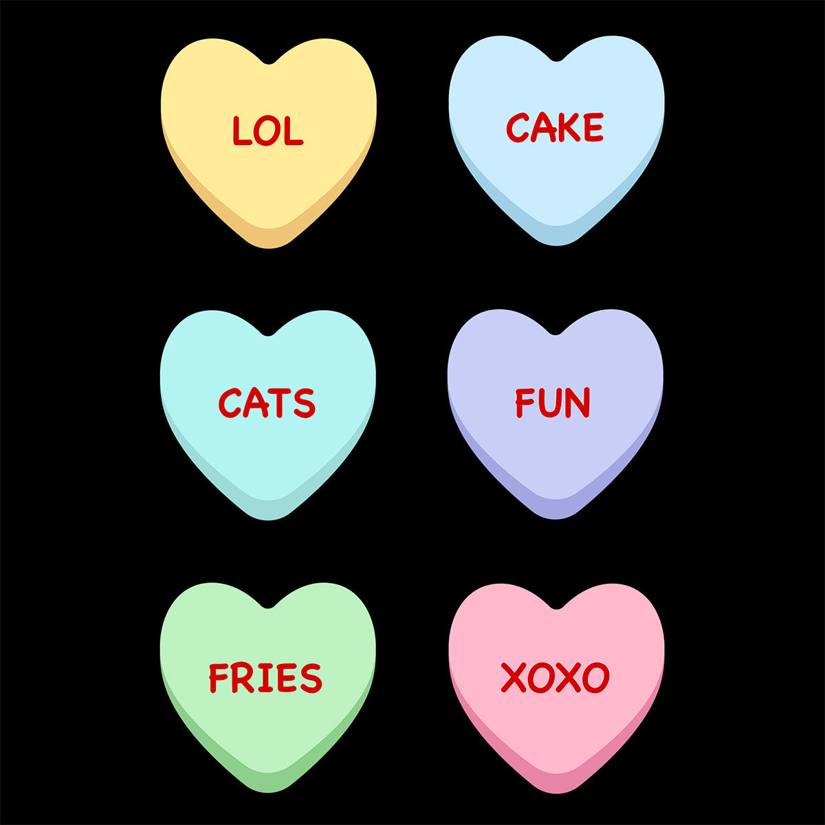 Heart-shaped candies with text on a black background