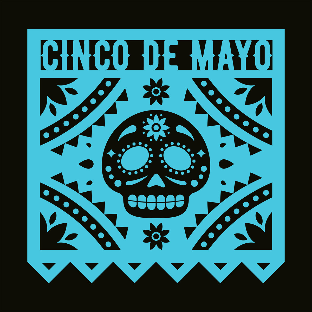 Blue 'Cinco de Mayo' design with a skull and patterns on a black background