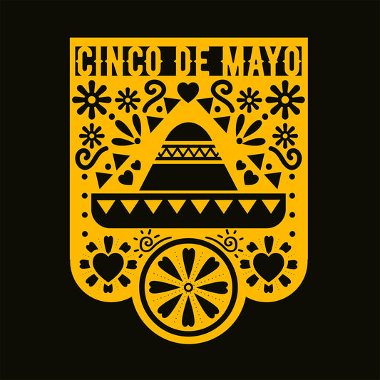 Decorative design with 'Cinco de Mayo' text on a black background