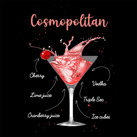 Cosmopolitan cocktail illustration with ingredients on a black background