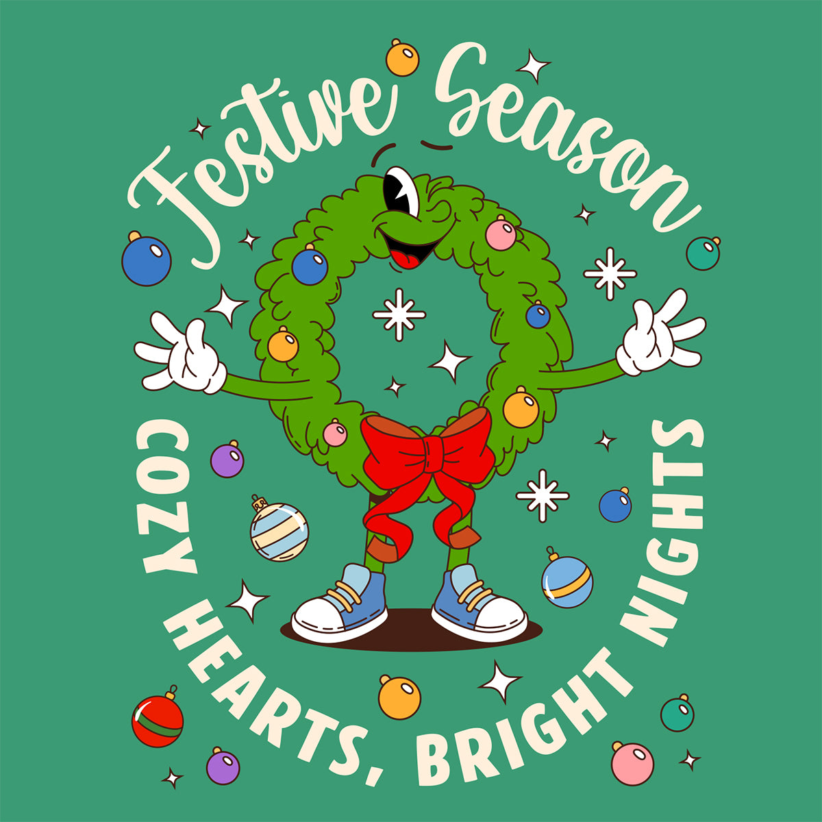 Cartoon wreath character with festive text on a green background