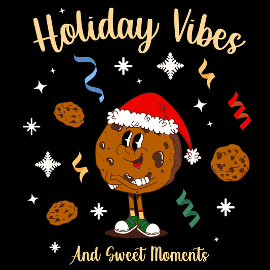 Cartoon cookie character wearing a Santa hat with 'Holiday Vibes And Sweet Moments' text on a black background.