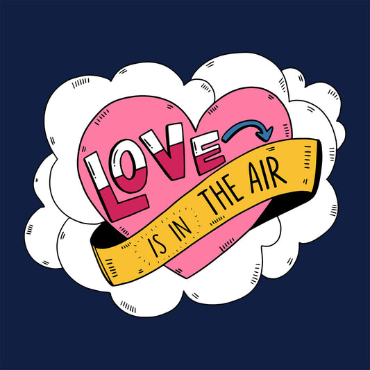 Heart-shaped design with 'LOVE IS IN THE AIR' text on a dark blue background