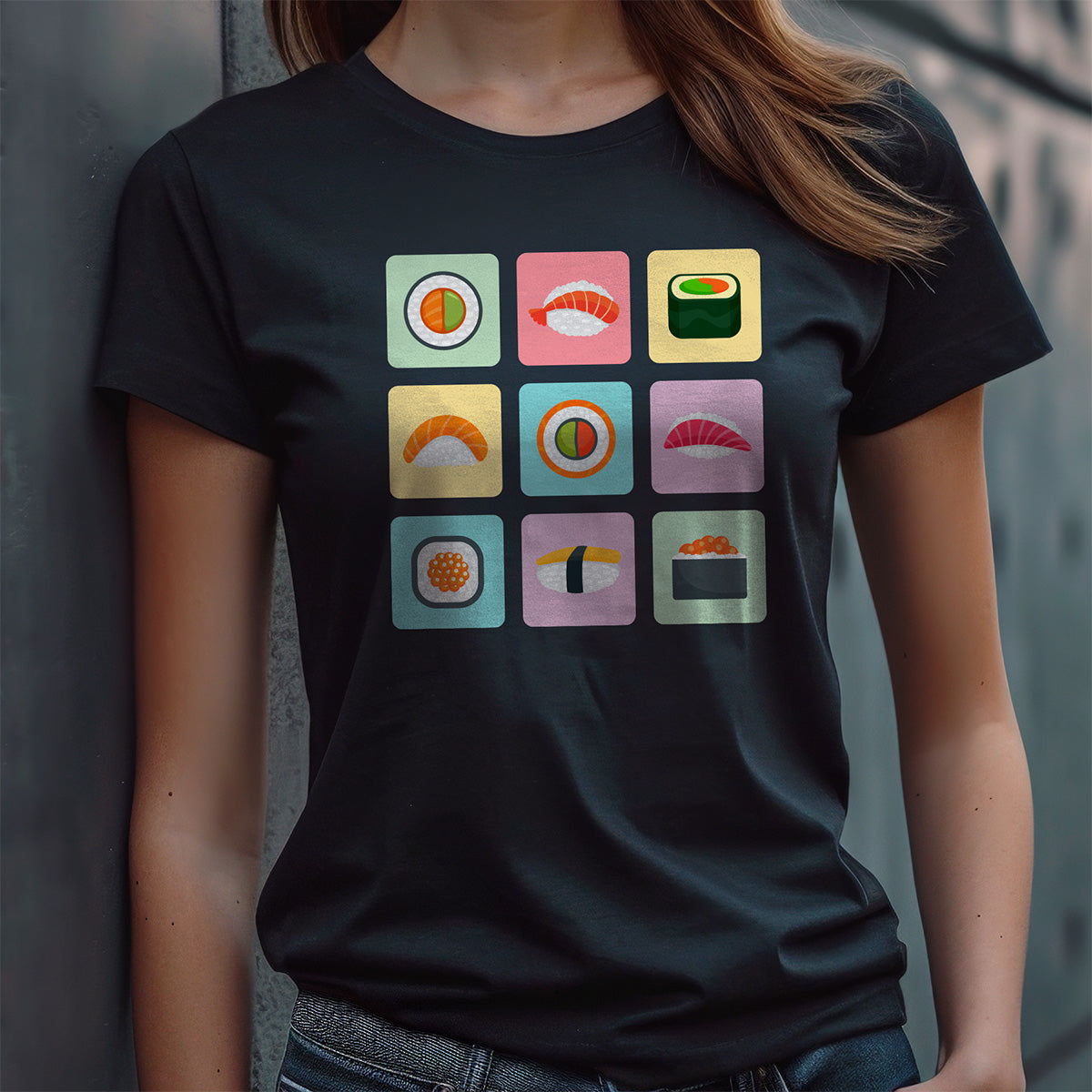 Black t-shirt with colorful, bento box-inspired illustrated sushi design.