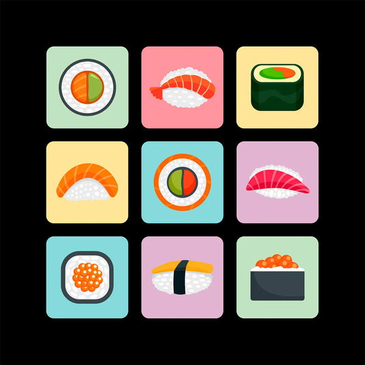 Close-up of black t-shirt with colorful, bento box-inspired illustrated sushi design.