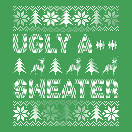Green sweater pattern with 'UGLY A SWEATER' text and Christmas elements.