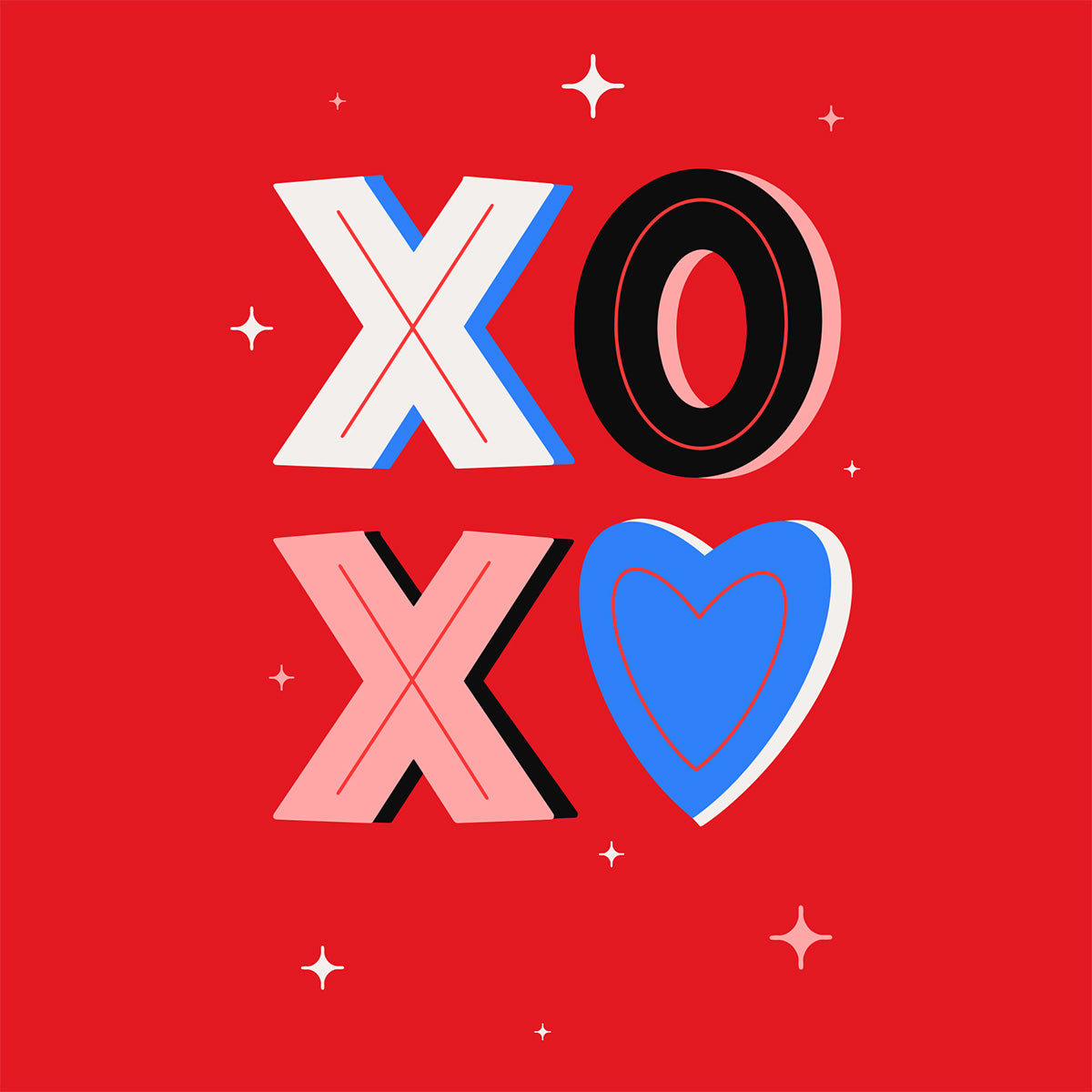 Stylized 'XOXO' with a heart on a red background