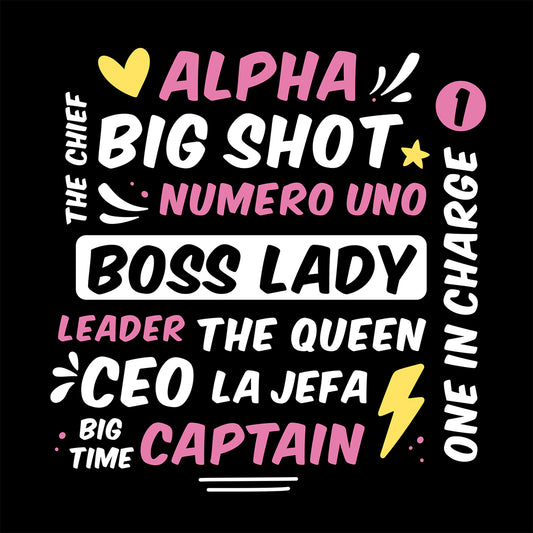 Text graphic with various titles and phrases on a black background