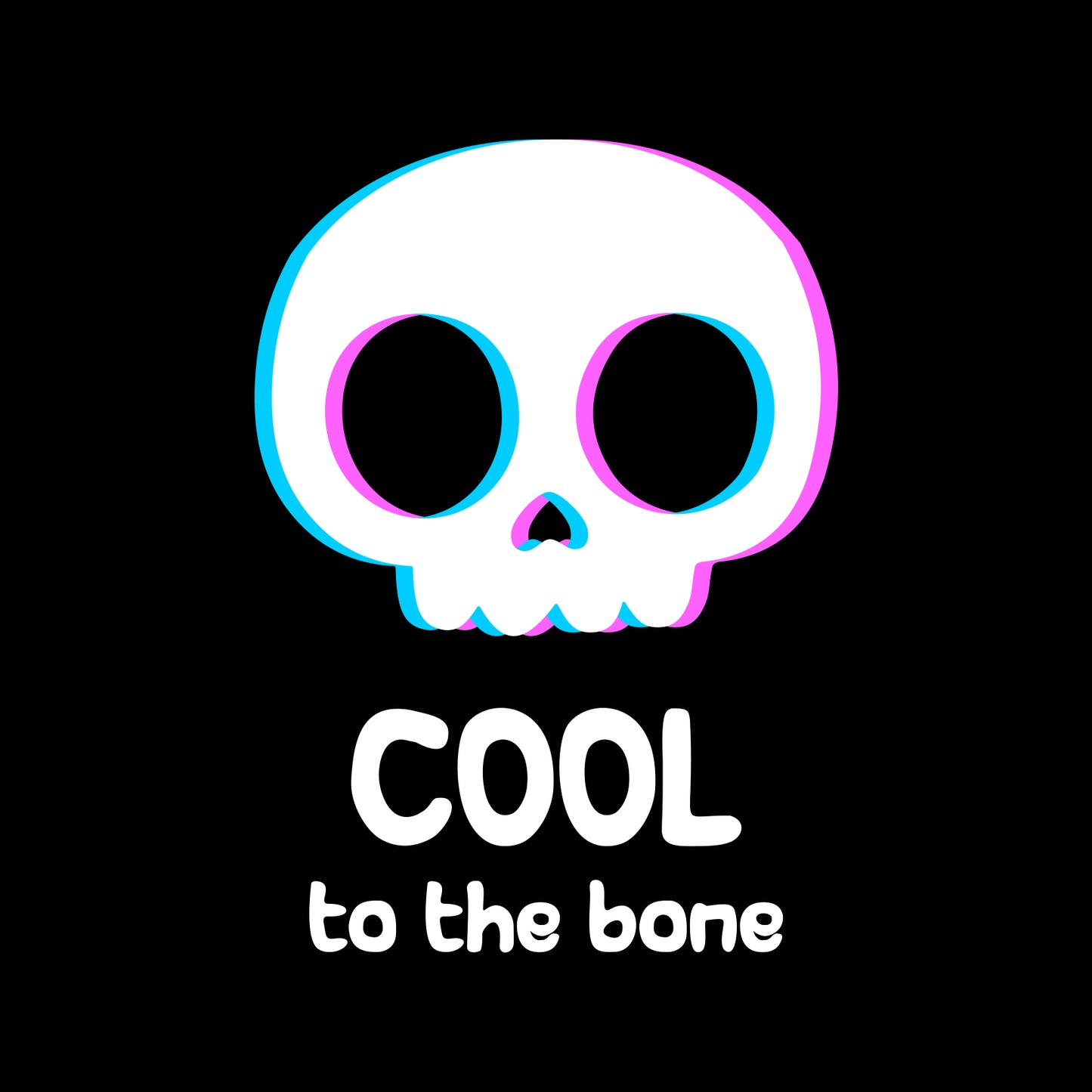 Close-up of illustrated cartoon skull design and 'Cool to the bone' text on black background
