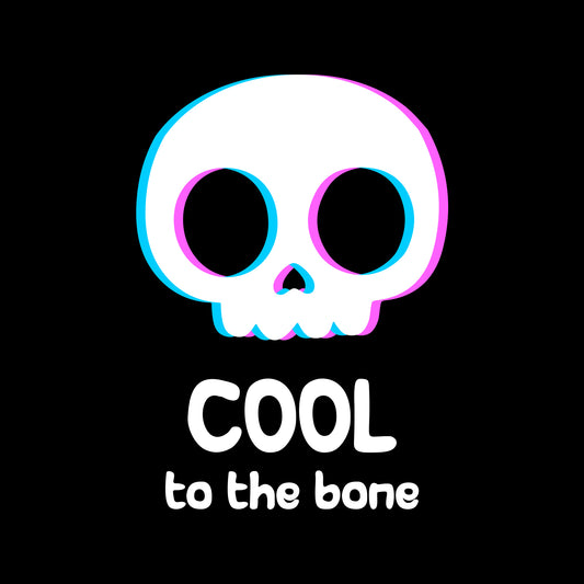 Close-up of illustrated cartoon skull design and 'Cool to the bone' text on black background