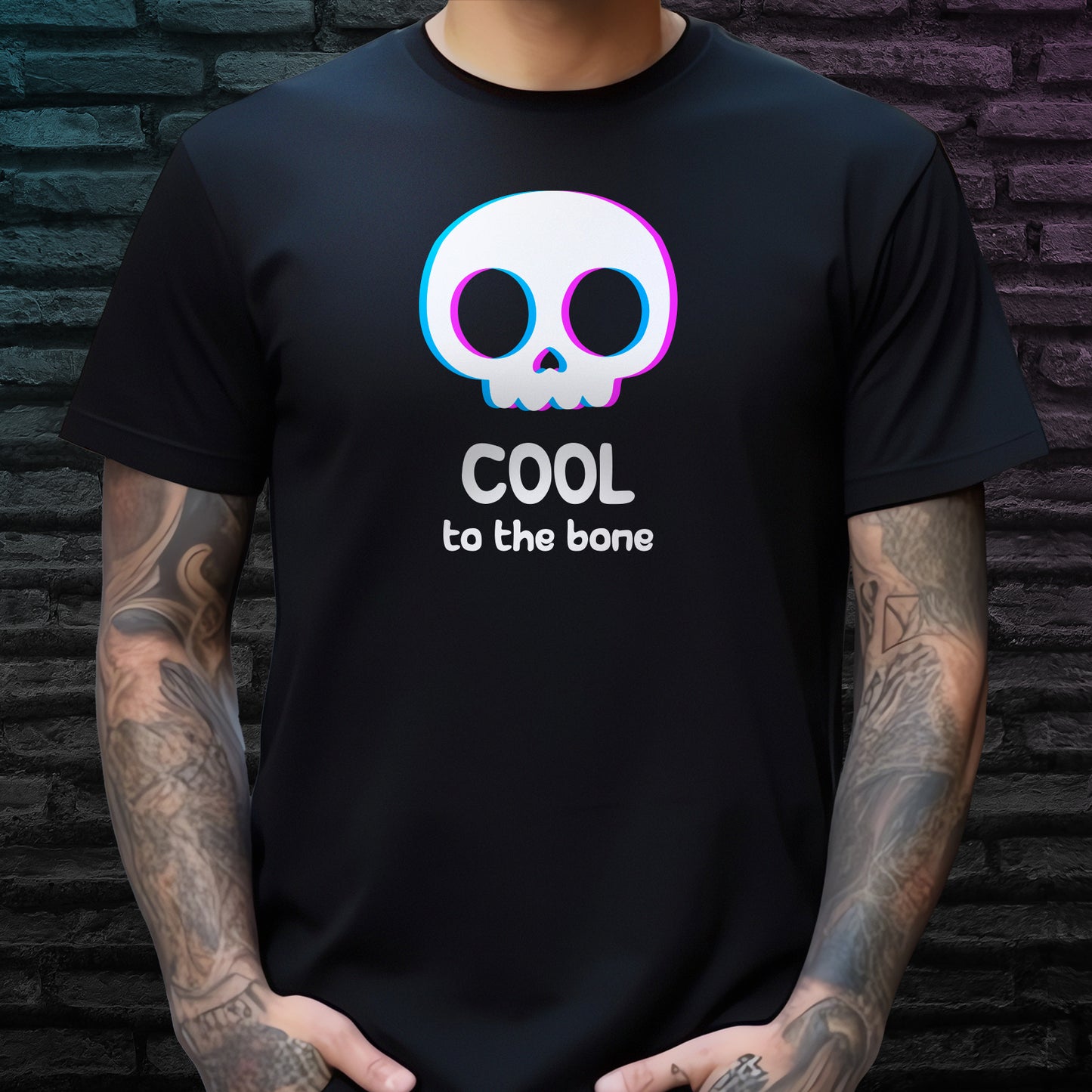 Illustrated cartoon skull design and 'Cool to the bone' text on black t-shirt