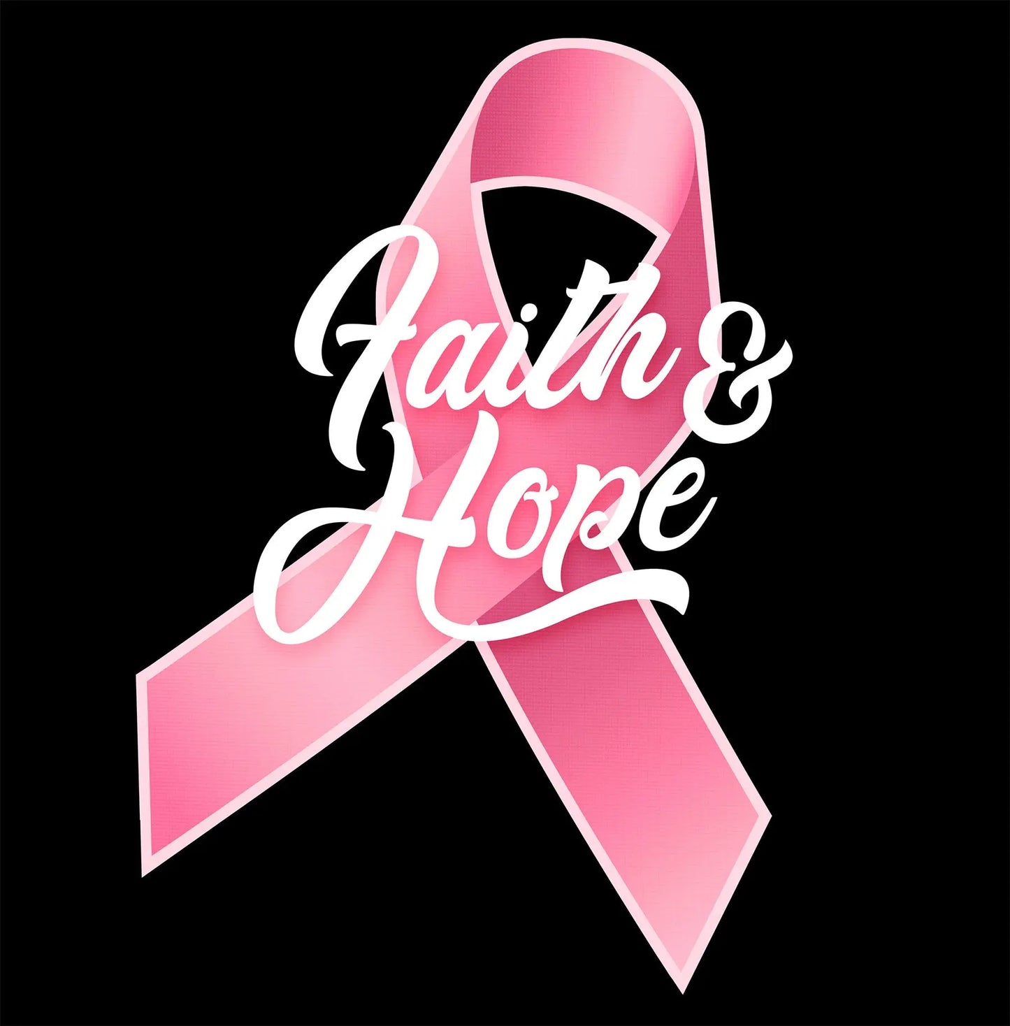 Close-up of pink ribbon and 'Faith & Hope' text on black background for Breast Cancer Awareness