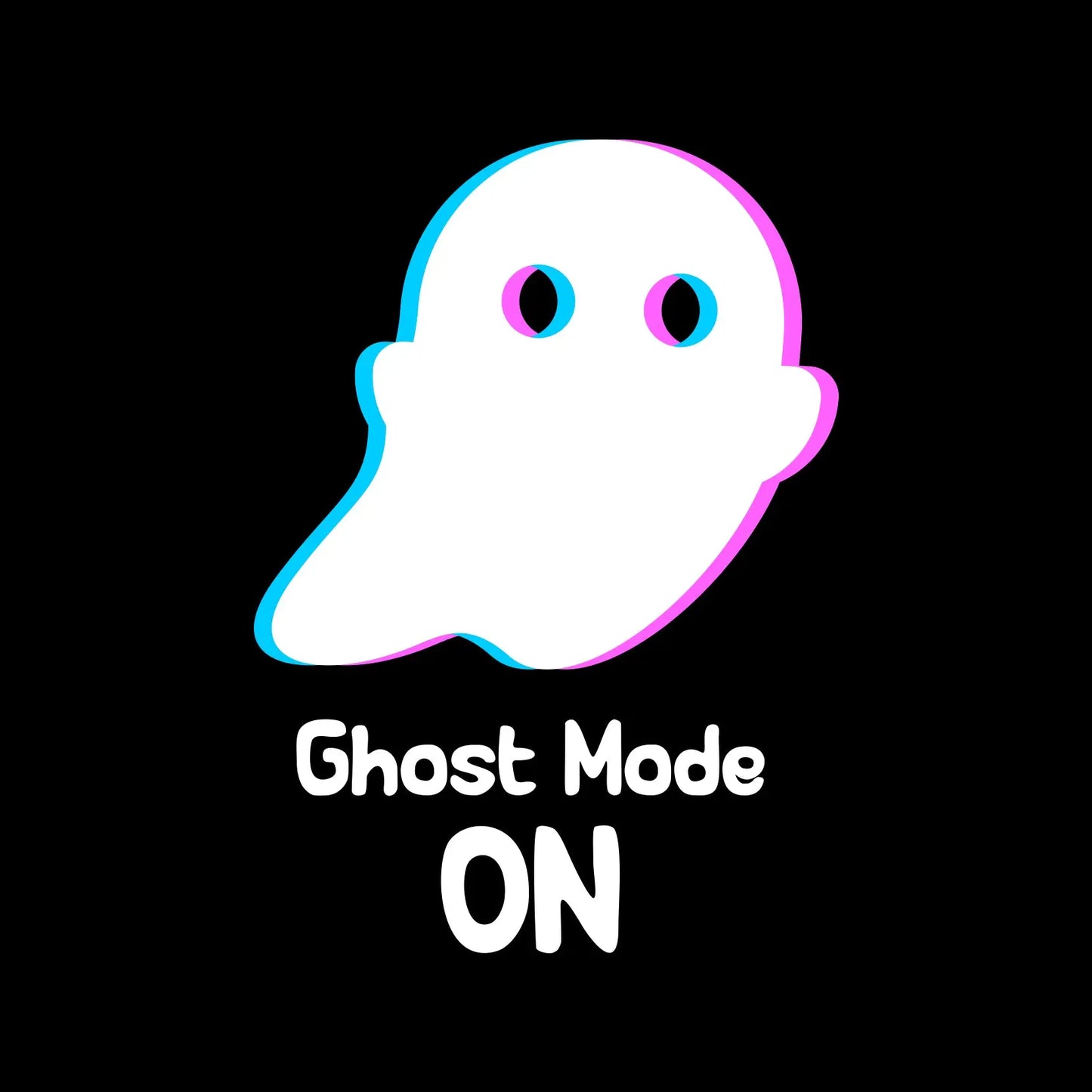 Close-up of illustrated cartoon ghost design and 'Ghost Mode On' text on black background