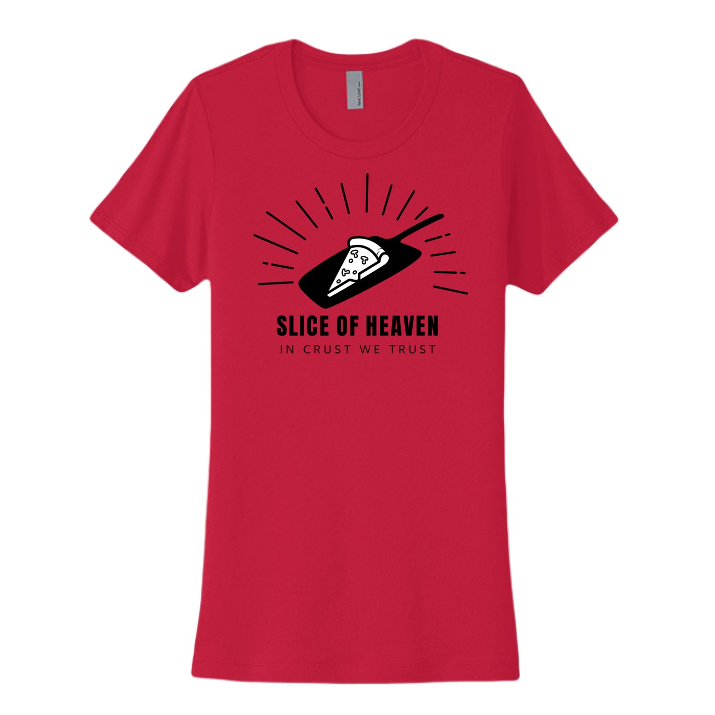 Pizza inspired red t-shirt with black illustrated graphic and text 'Slice of Heaven in Crust We Trust'