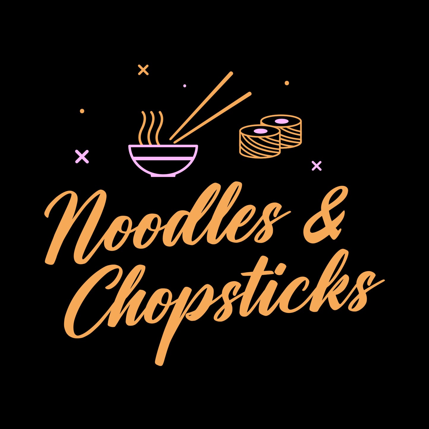 Cloe-up of bright 'Noodles & Chopsticks' illustrated design on black background
