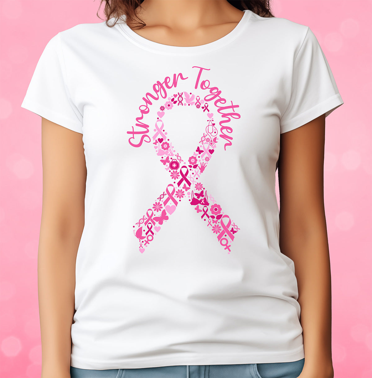 White t-shirt with pink Breast Cancer Awareness ribbon design on a pink background