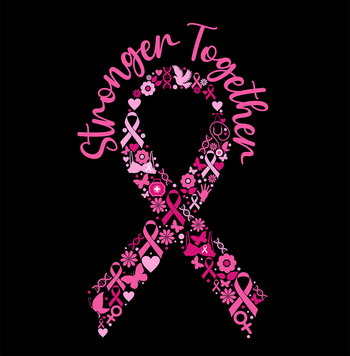 Close-up of pink ribbon design with 'Stronger Together' text on a black background