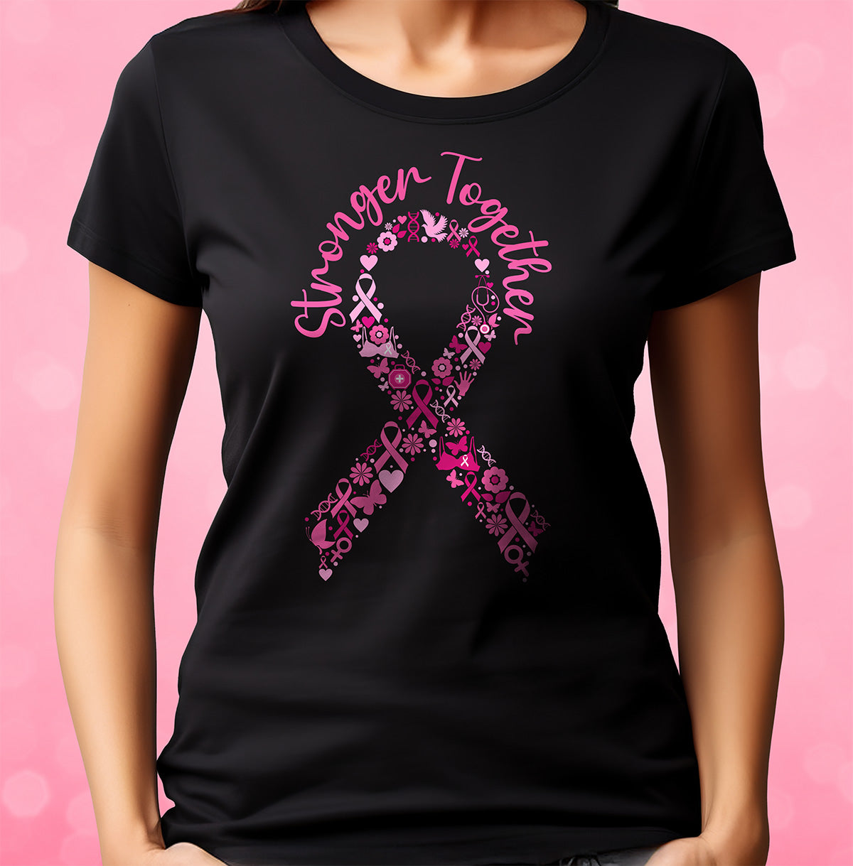 Black t-shirt with pink breast cancer awareness ribbon design on a pink background
