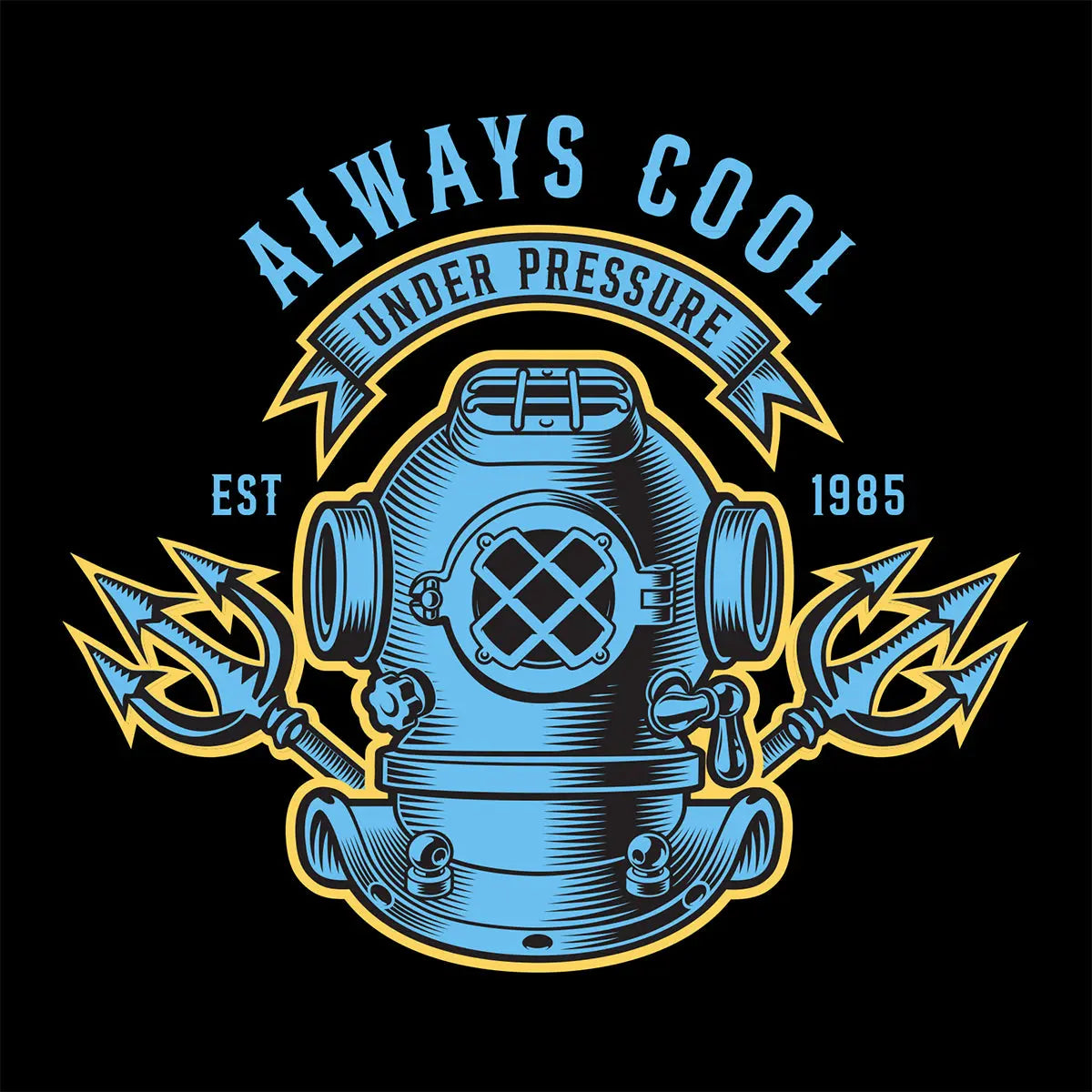 Close-up of Cool Under Pressure t-shirt – men’s graphic tee with vintage diving helmet design