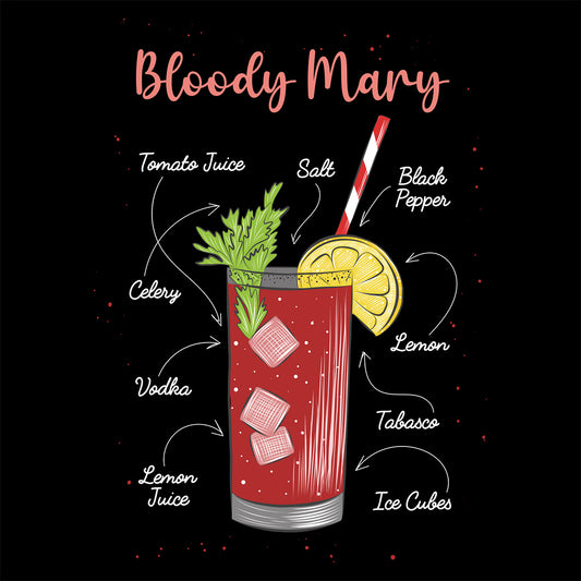 Illustration of a Bloody Mary cocktail with ingredients labeled on a black background