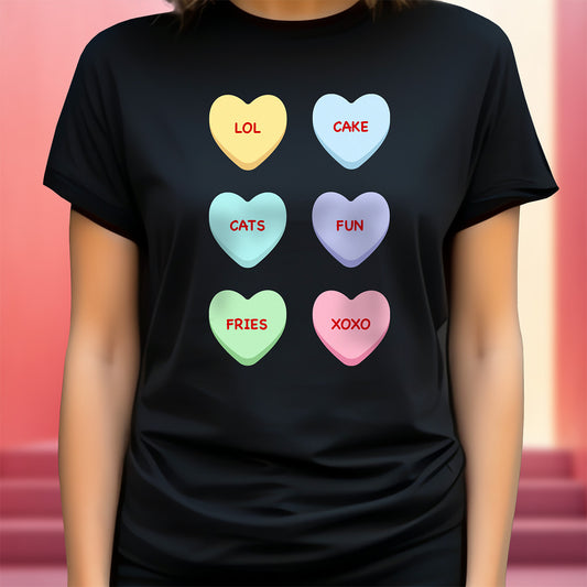 Black t-shirt with colorful heart-shaped candy designs and text on a blurred background