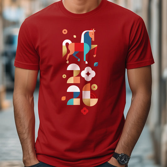 Red t-shirt with a colorful geometric horse design worn by a person.