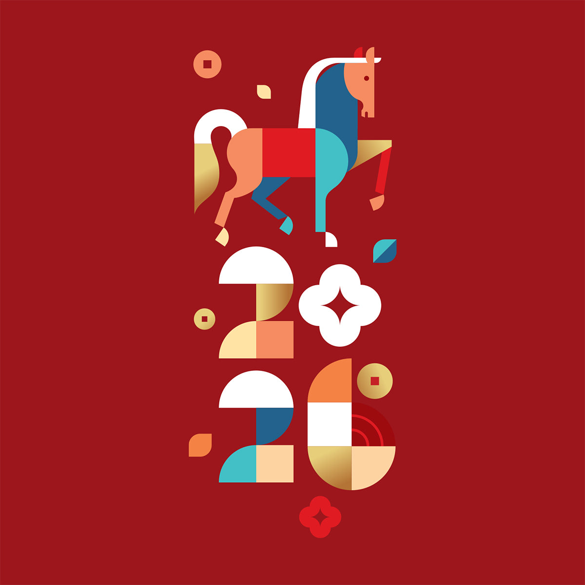Colorful geometric design with a horse on a red background