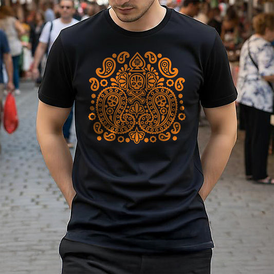 Person wearing a black t-shirt with an orange intricate design in a crowded street.
