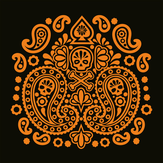 Orange paisley pattern with skull design on a black background