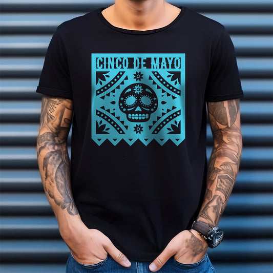 Person wearing a black t-shirt with a blue 'Cinco de Mayo' design.