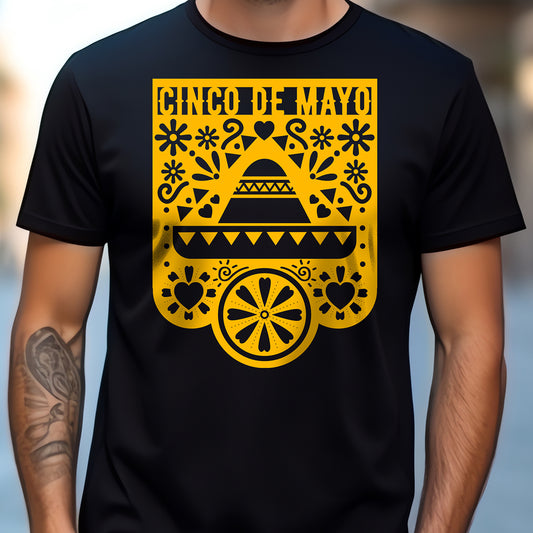 Black t-shirt with yellow Cinco de Mayo design on a blurred background