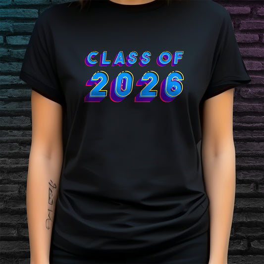 Black t-shirt with 'Class of 2026' text on a brick wall background