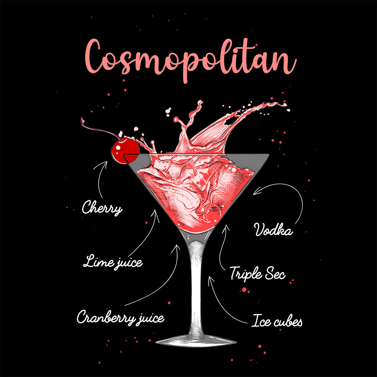 Cosmopolitan cocktail illustration with ingredients on a black background