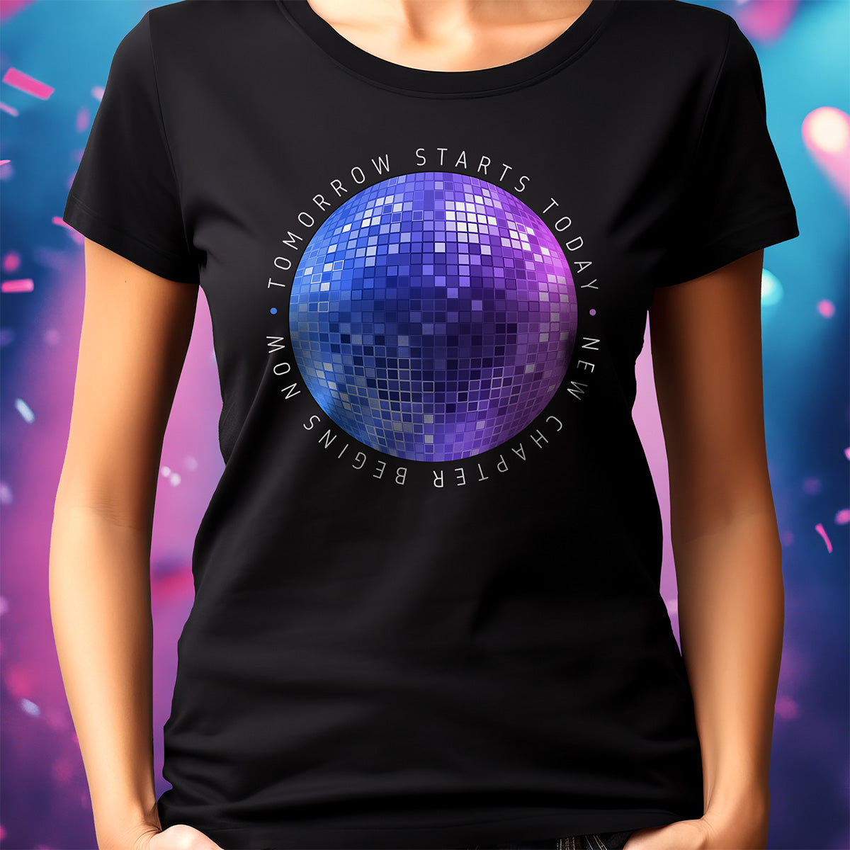 Black t-shirt with a disco ball graphic and text on a colorful background