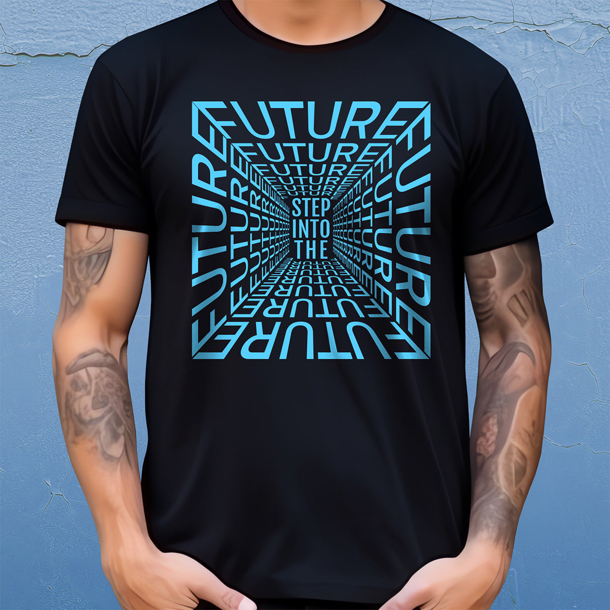 Black t-shirt with blue 'Step into the Future' text design on a textured blue background
