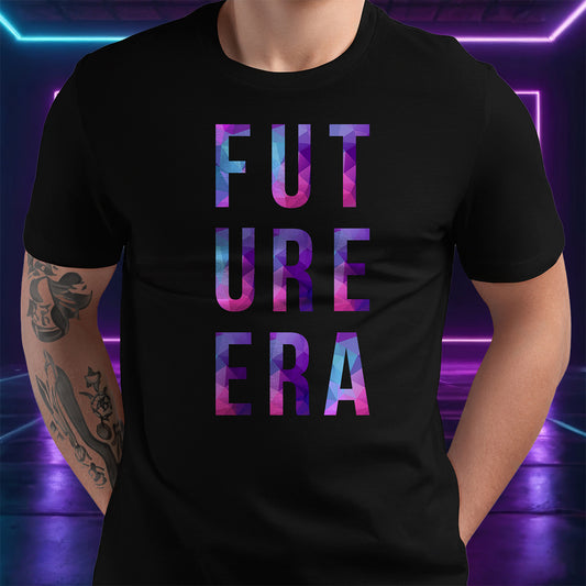 Black t-shirt with 'FUTURE ERA' in colorful letters worn by a person against a futuristic background.