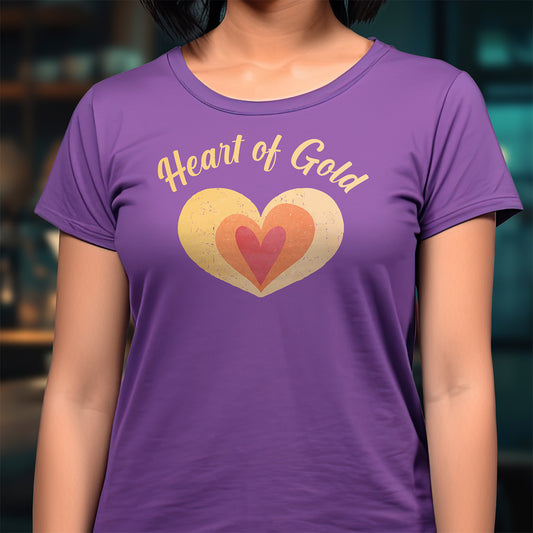 Purple t-shirt with 'Heart of Gold' design on a blurred background
