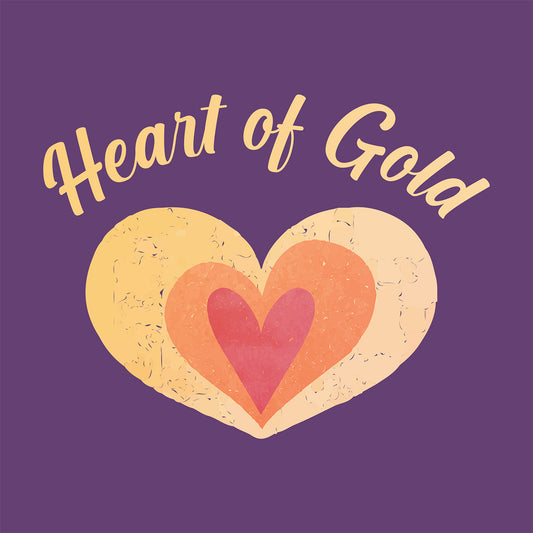 Close-up of purple t-shirt with 'Heart of Gold' design on a blurred background