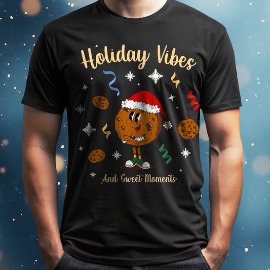 Black t-shirt with a cartoon cookie wearing a Santa hat and text 'Holiday Vibes and Sweet Moments' on a festive background.