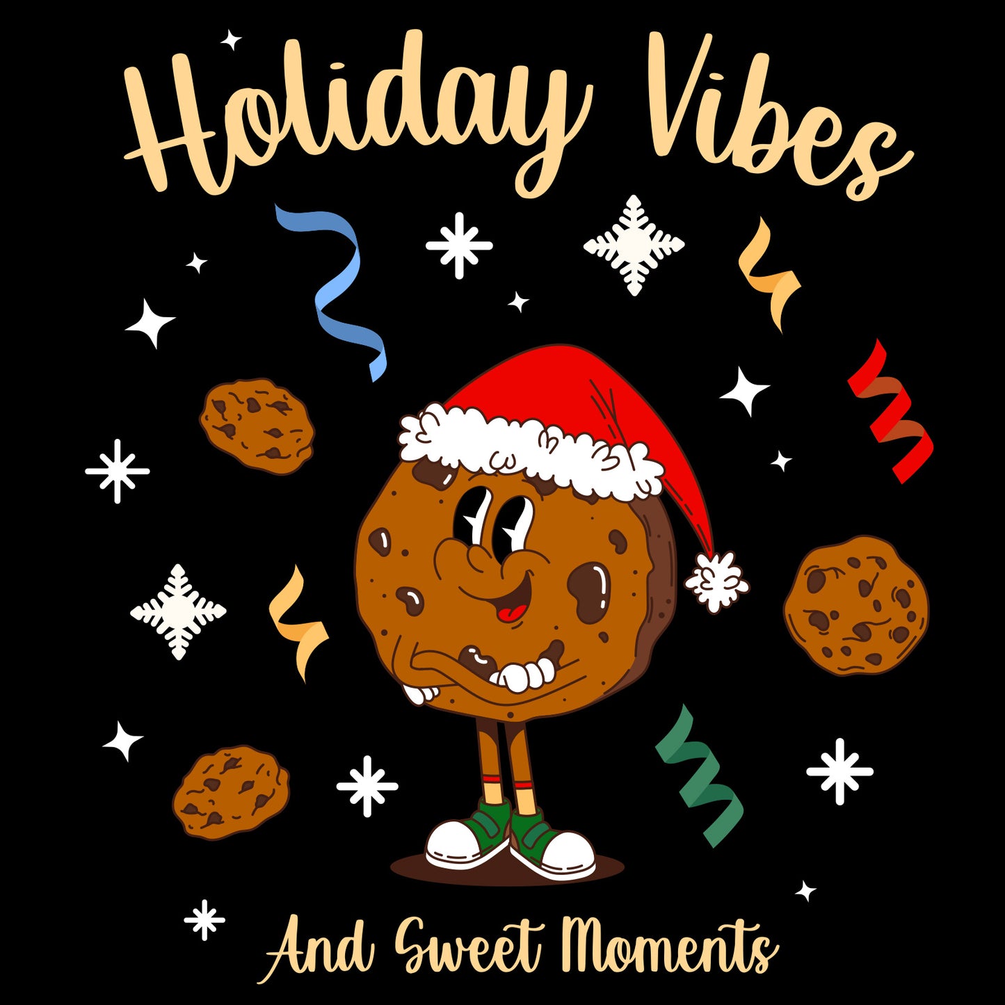 Cartoon cookie character wearing a Santa hat with 'Holiday Vibes And Sweet Moments' text on a black background.