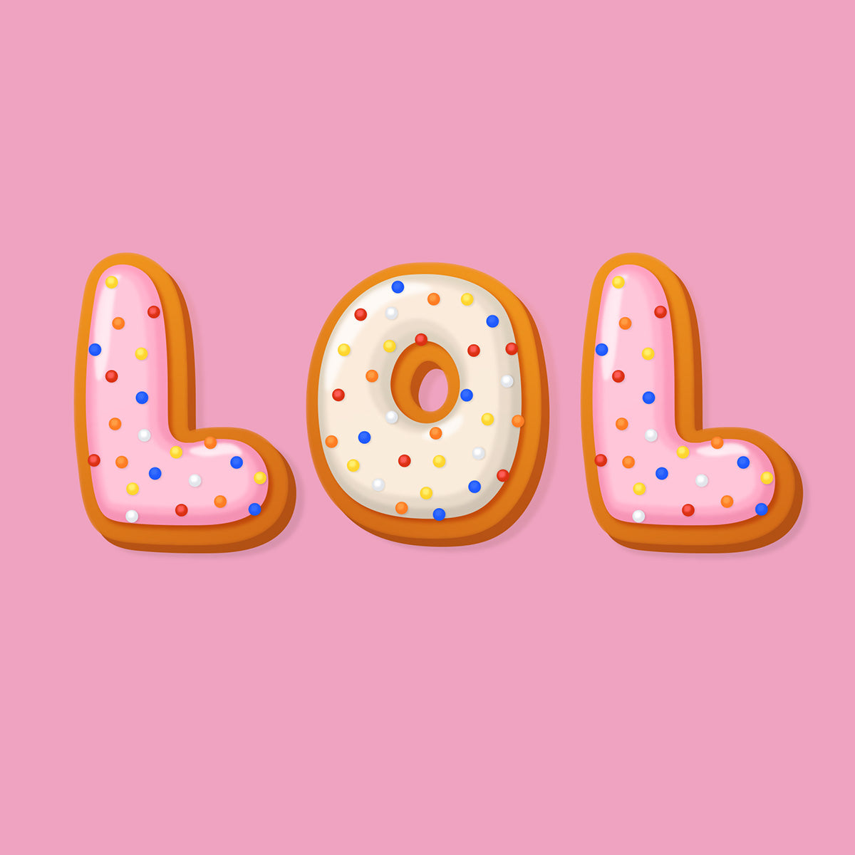 Three-dimensional letters spelling 'LOL' with polka dot icing on a pink background