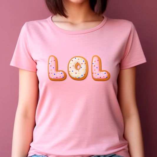 Person wearing a pink t-shirt with 'LOL' printed in donut shapes on a pink background