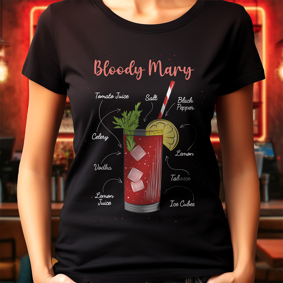 Black t-shirt with Bloody Mary drink recipe graphic worn by a person in a bar setting.