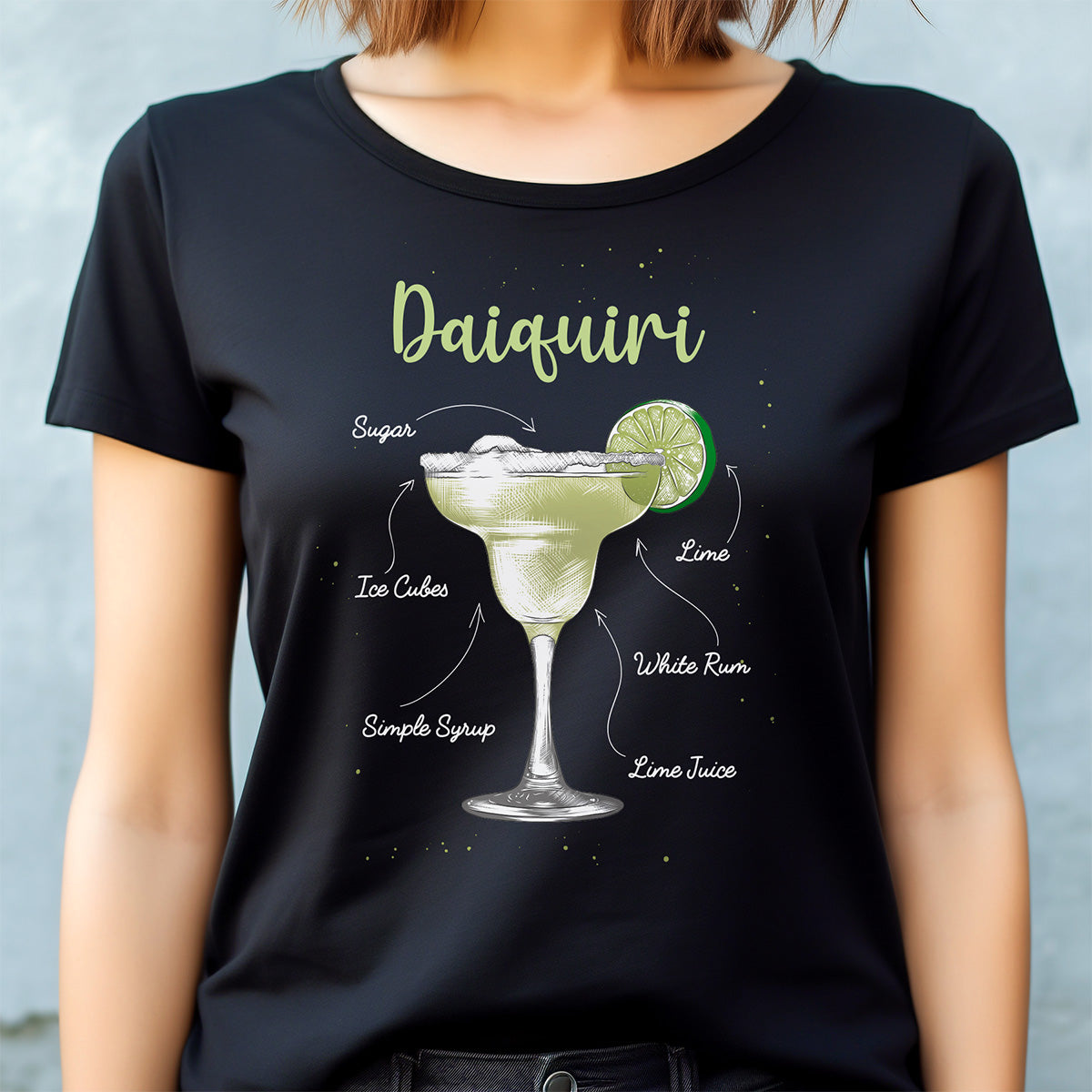 Black t-shirt with daiquiri graphic and text on a gray background
