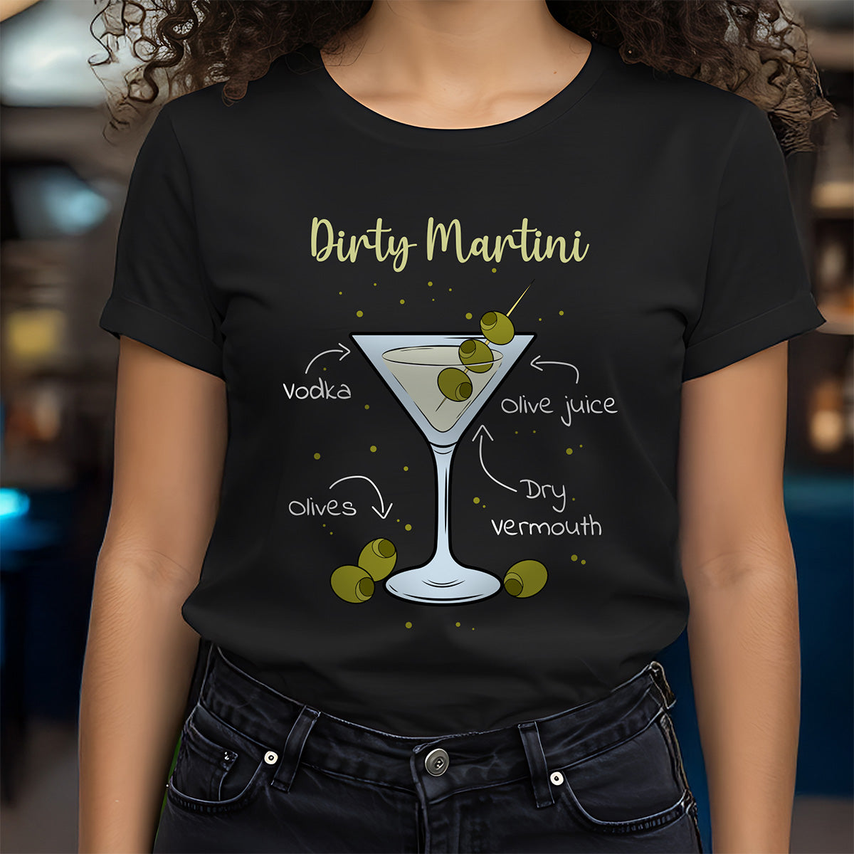 Person wearing a black t-shirt with a 'Dirty Martini' graphic and text.