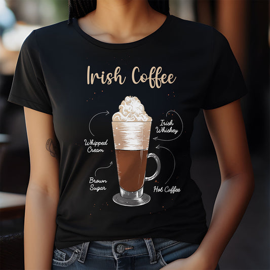 Person wearing a black t-shirt with an illustration of Irish coffee and text.