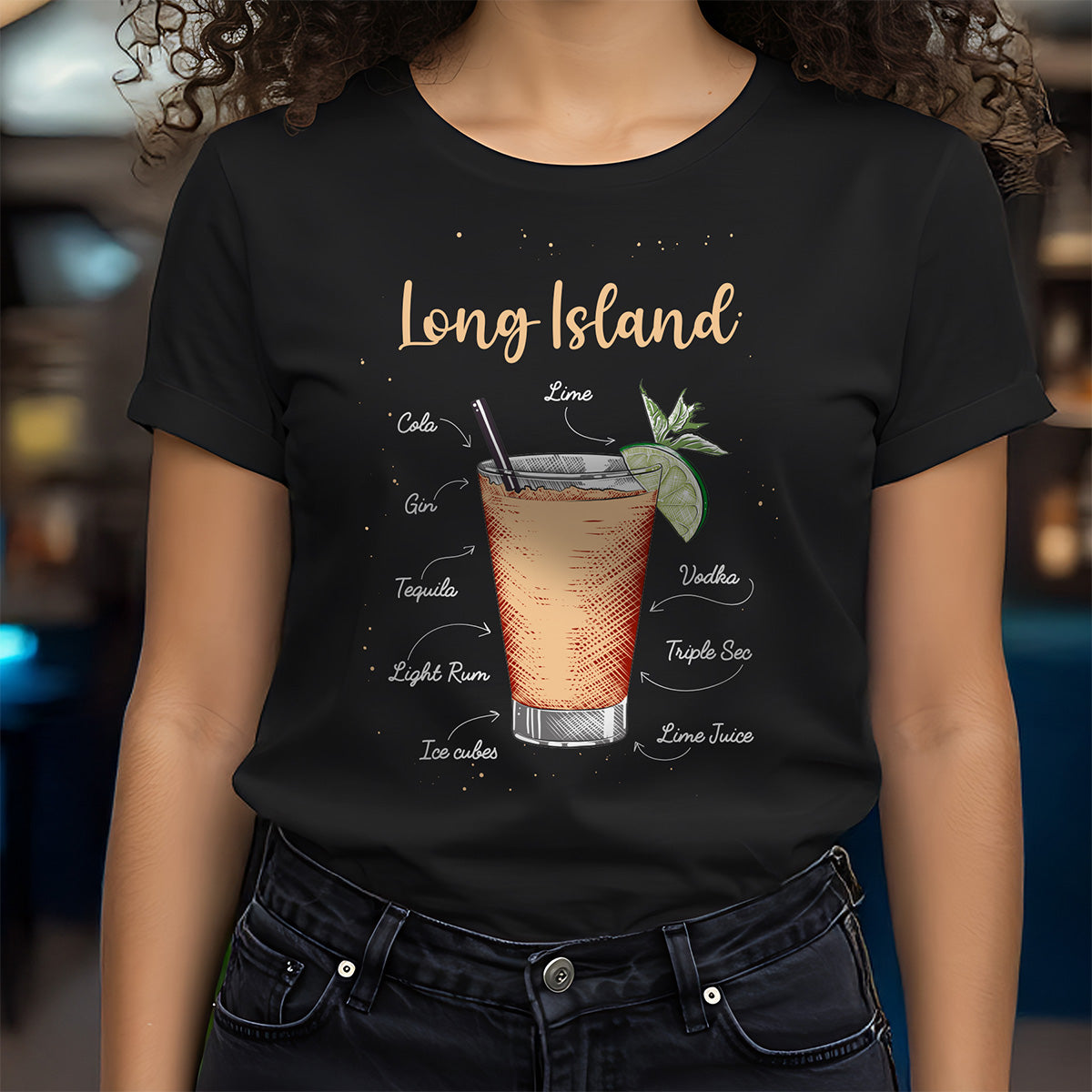 Person wearing a black t-shirt with a Long Island cocktail graphic and text.