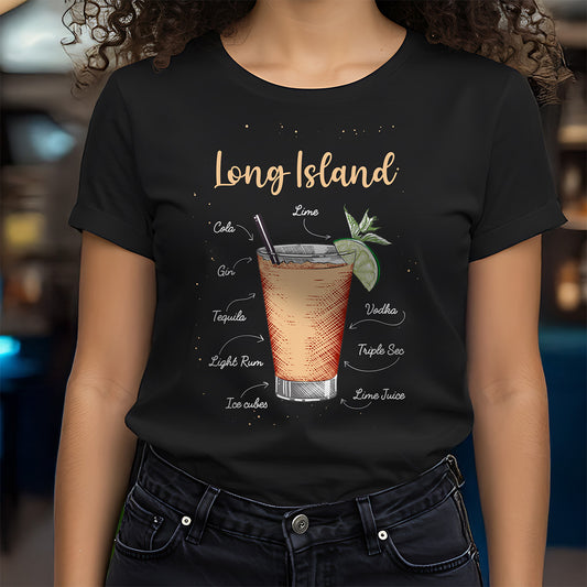 Person wearing a black t-shirt with a Long Island cocktail graphic and text.