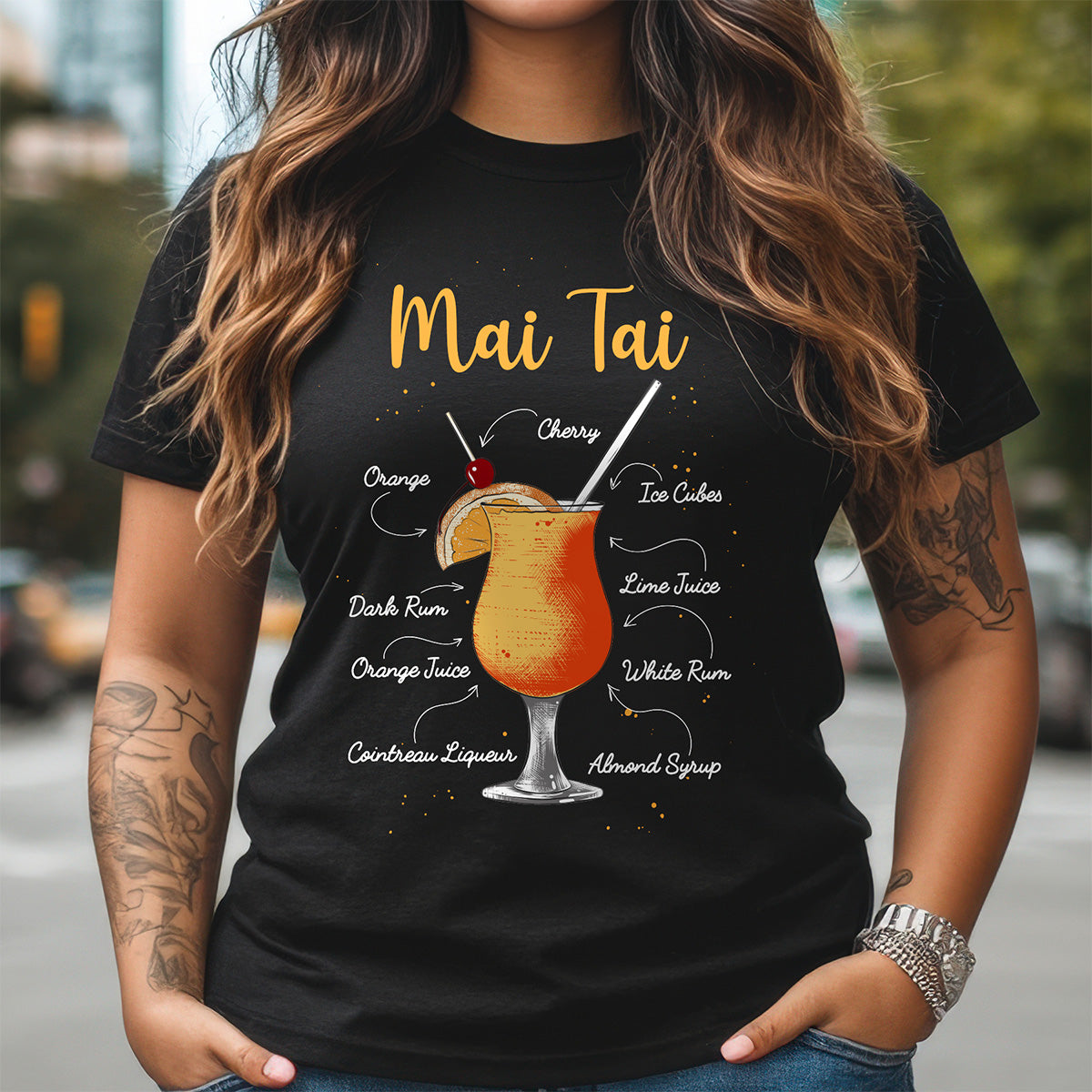 Person wearing a black t-shirt with a Mai Tai cocktail graphic and recipe.