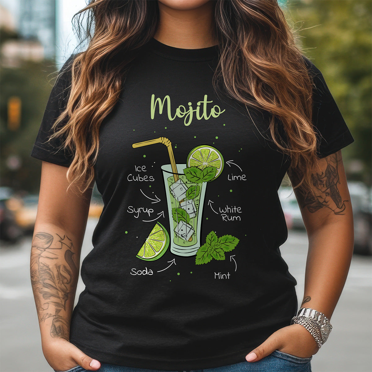 Person wearing a black t-shirt with a Mojito graphic design.